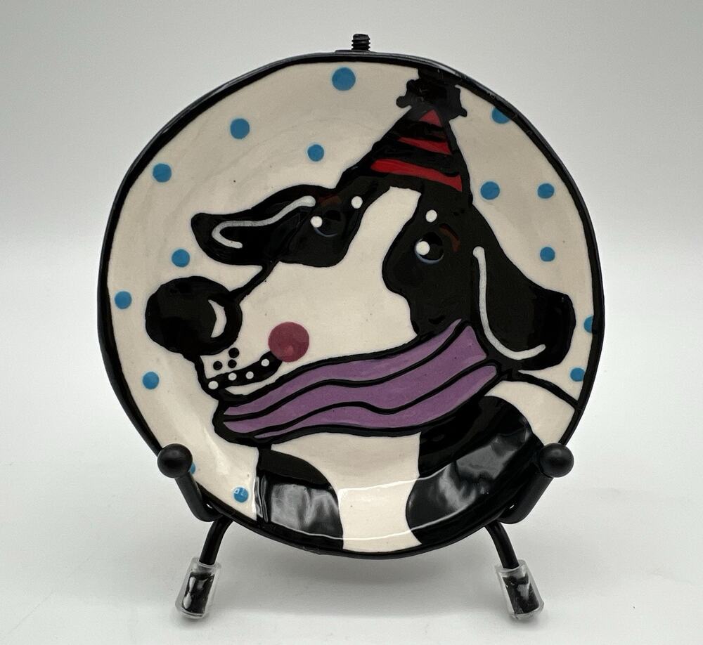Handmade Art Pottery Puppy Dog Trinket Dish 3.5” with Hat & Scarf Signed BLOOM